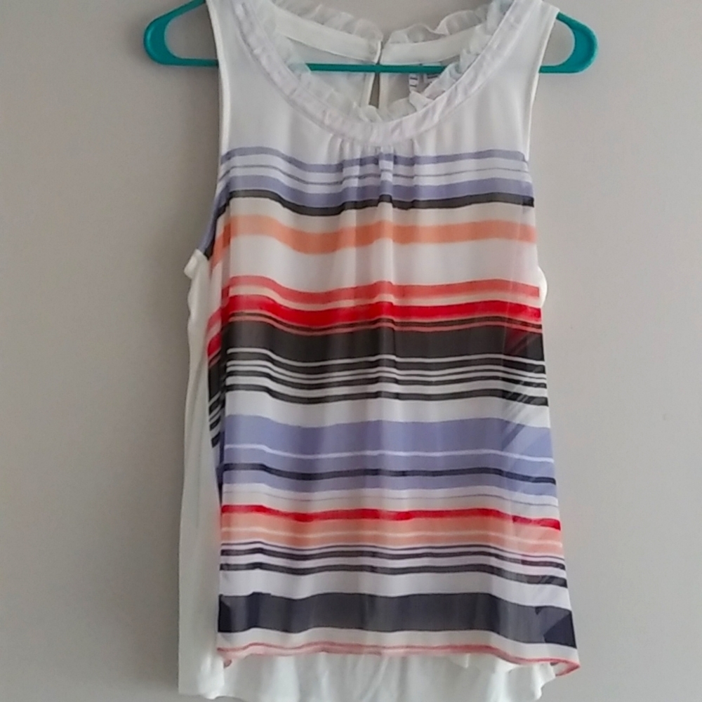 ELLE Striped Pleat Neck White Tank